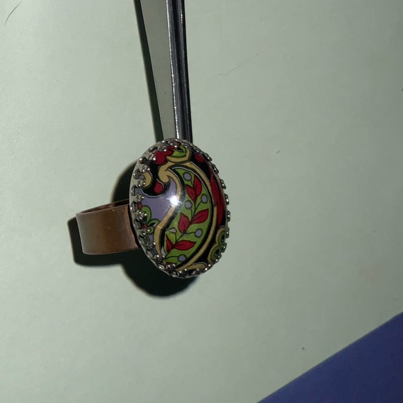 Vtg Antique Copper Multicolor Paisley Cabochon Ring in Beveled Setting Sz 7 - Picture 3 of 16